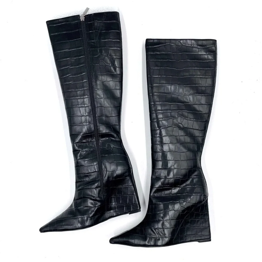 Schutz‎ Asya Up Boots Black Croc Embossed Leather Knee High Wedge Sz 8.5 WIDE